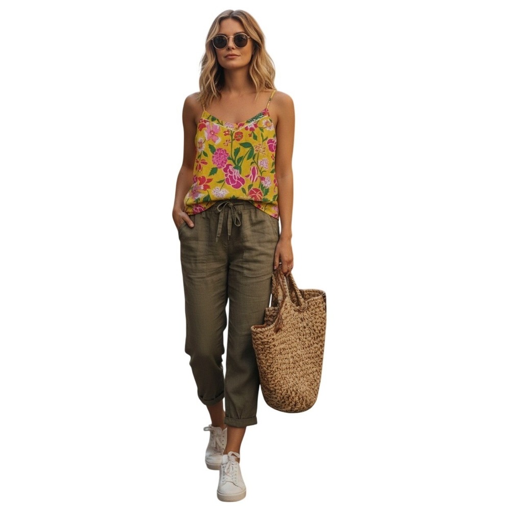 J Crew Yellow Floral Print Cami Tank Top Women's Size M - 100% Cotton